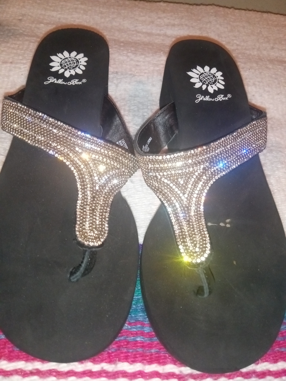 Yellow Box Black Sandals with  Crystal Accents